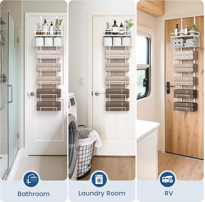 Towel Racks for Bathroom Over The Door Towel Racks Towel Storage Organizer with Metal Shelf Basket for Bathroom Rv Camper (7-Tier White)