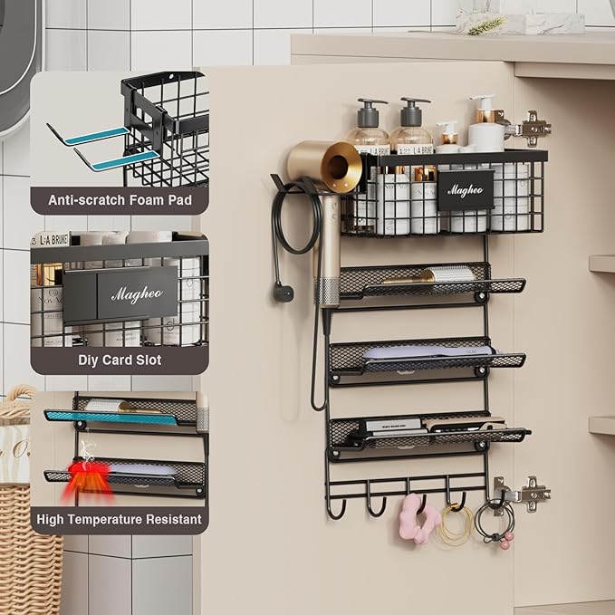 Hair Dryer Holder Wall Mounted, Adheisve Hair Styling Tool Organizer for hair Brush/Appliance Wall Mount with 5 Tier Shelf Basket Hooks Blow Dryer and Straightener Holder for Bathroom(Black)