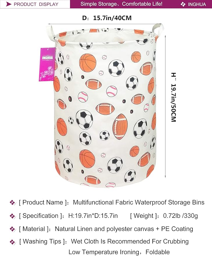Laundry Hamper Large Canvas Fabric Lightweight Storage Basket/Toy Organizer/Dirty Clothes Collapsible Waterproof for College Dorms, Boys and Girls Bedroom,Bathroom(Ball game)
