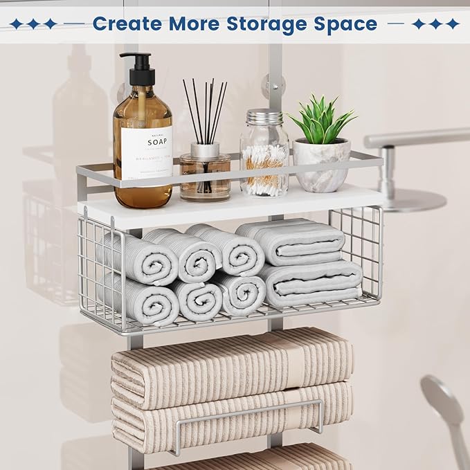Towel Racks for Bathroom Over The Door Towel Racks Towel Storage Organizer with Metal Shelf Basket for Bathroom Rv Camper (7-Tier Silver)