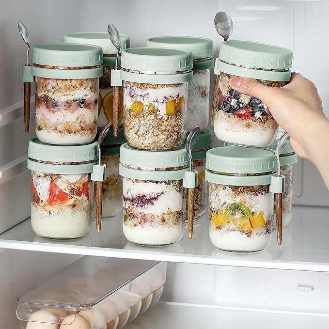 6 Pack Overnight Oats Containers with Lids and Spoons, 16 oz Glass Mason Overnight Oats Jars, Large Capacity Airtight Jars for Milk, Cereal, Fruit(Green)