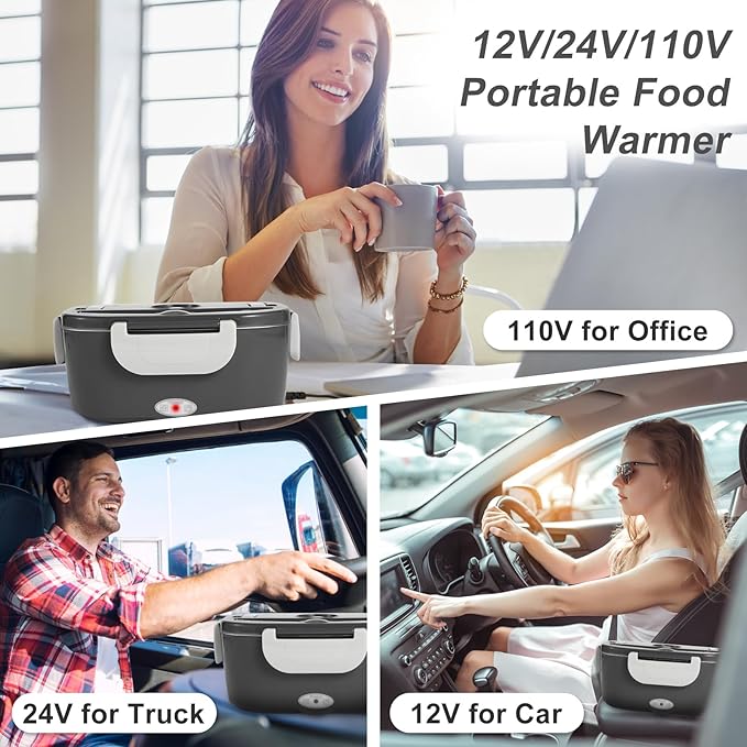 Electric Lunch Box, 12V/24V/110V Portable Food Warmer with SS Fork & Spoon for Car/Truck/Office, 80W Self Heating Lunch Box with 1.5L 304 Stainless Steel Container & 0.45L PP Fruit Box Beige