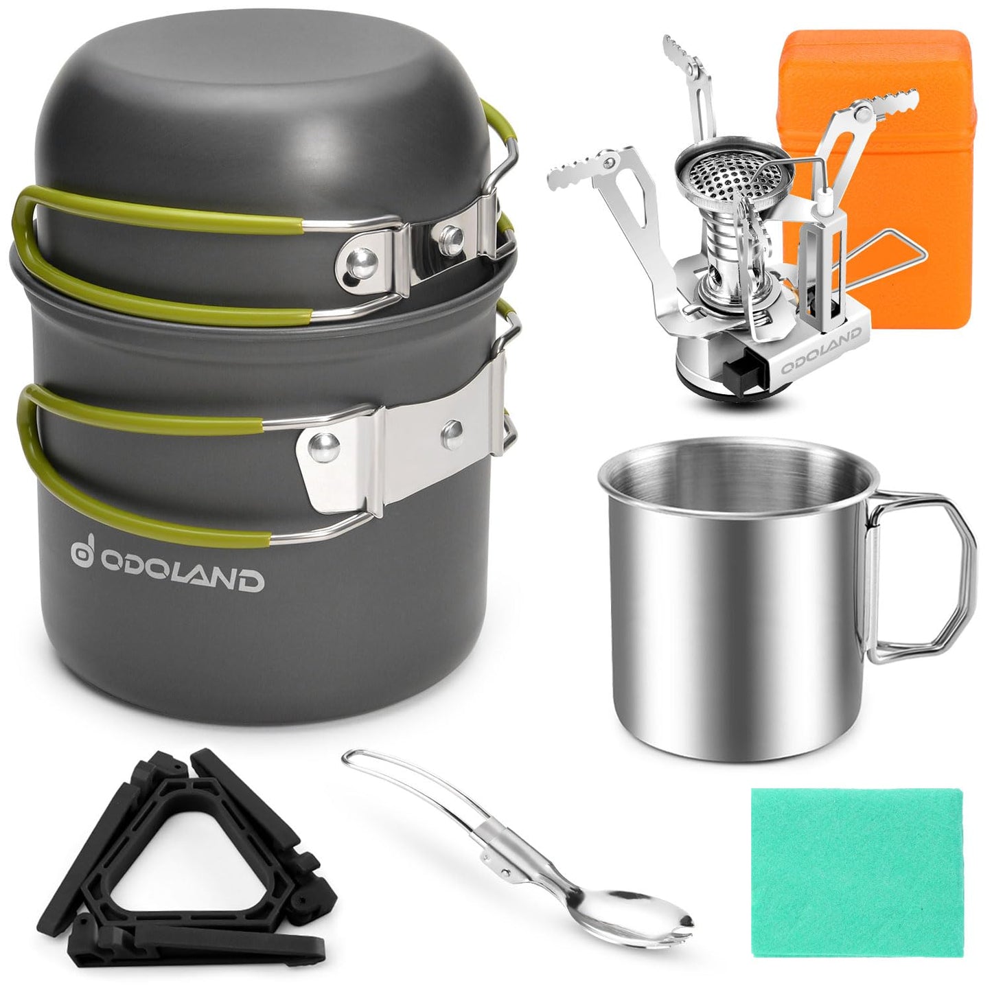 Odoland 8pcs Camping Cookware Mess Kit, Camping Pot and Pan Set with Mini Backpacking Stove, Stainless Steel Cup, Spork and Tank Bracket, Cooking Gear for Outdoor, Hiking, Picnic, Campfire, Green