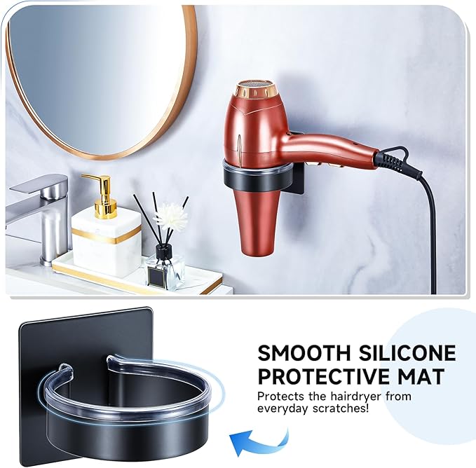 Hair Dryer Holder Wall Mounted, Blow Dryer Holder, Hair Tool Organizer for Hair Dryer Storage Hanger, Adhesive Hairdryer Holder for Bathroom Barber Shop (Black)