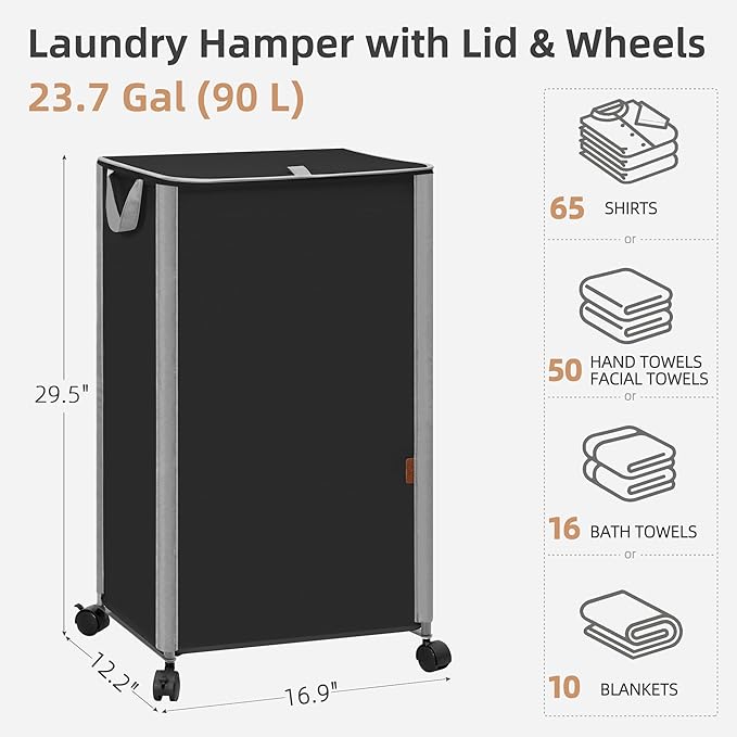 STORAGE MANIAC Rolling Laundry Hamper with Lid, 23.7 Gal (90 L) Large Tall Laundry Basket with Wheels & Handles, Aesthetic Dirty Clothes Hamper for Small Space, Dorm, Apartment, College, Black
