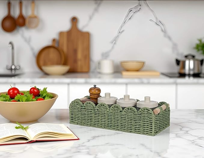 CubesLand Bathroom Basket Organizer, Toilet Tank Paper Storage Baskets 2-Pack, Scalloped Decorative Basket for Countertop w/Handle, Wicker Basket for Bathroom Decor, Home Decor, Living Room, Green
