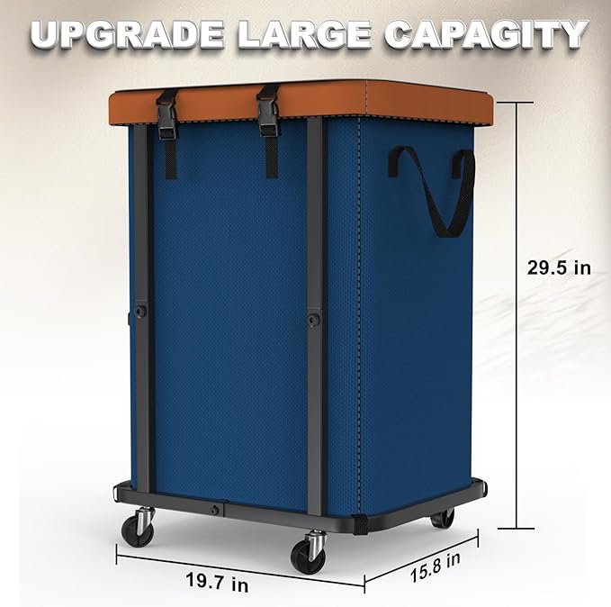 150L (40 Gal) Large Fashion Laundry Basket with Wheels, Leather Patchwork Rolling Hamper Carts, Sturdy Metal Frame, Removable Washable Bag, Tall Clothes Sorter for Bedroom, Laundry Room - Navy Blue