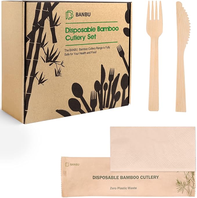 Bamboo Utensils with Napkin-58 Pack Individually Wrapped (6.7" 58 Forks 58 spoons 58 Knives 58 Napkins) Disposable Bamboo Cutlery Travel Set Compostable Biodegradable Fork Knife Spoon and Napkin