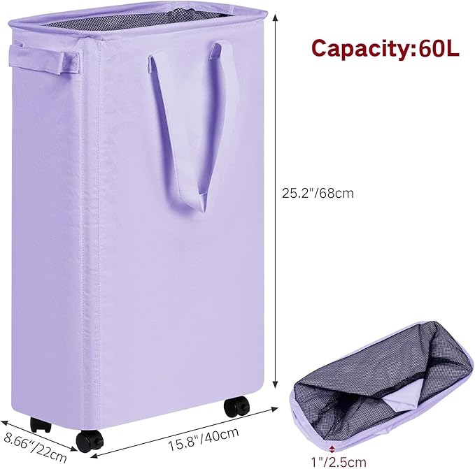 efluky Slim Laundry Hamper with Wheels, Rolling Laundry Basket for Clothes, Small Laundry Basket for Bedroom, Dorm and Laundry Room, 60L (12.7 Gallons) Purple