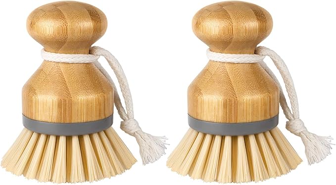 MR.SIGA Dish Brush with Bamboo Handle Built-in Scraper, Pack of 2