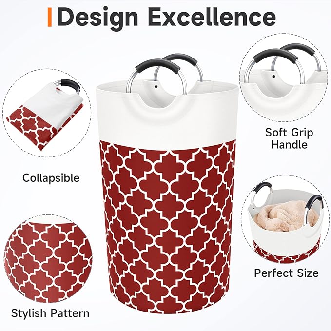 Large Laundry Basket Laundry Hamper Bag Washing Bin Clothes Bag Collapsible Tall with Handles Waterproof Travel Bathroom College Essentials Storage for College Dorm, Family, 82L (Red)