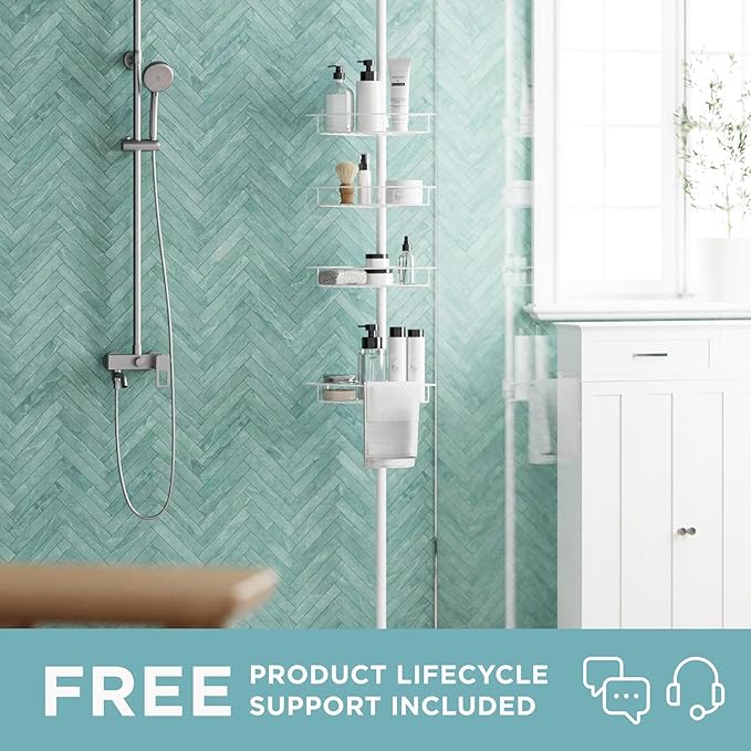 Zenna Home Tension Pole Shower Caddy Corner Organizer, Adjustable Standing Shower Caddy with 4 Baskets and Built in Towel Bar, Rust Resistant Bathroom Tension Rod Organizer, 60 to 97 Inch, White