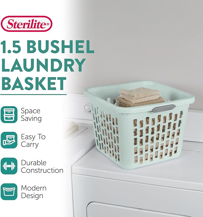Sterilite Laundry Basket, Plastic Clothes Hamper, Large Square Bin with Comfort Grip Handles and Reinforced Rim, 1.5 Bushel Capacity, Mint, 24 Pack