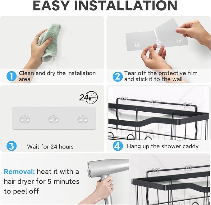 Shower Caddy Adhesive Replacement, Transparent Strong Adhesive Hooks, No Drilling, Waterproof, for Shower Caddy, Bathroom Storage Shelves and Kitchen Racks (Double*8pcs + Single*4pcs)