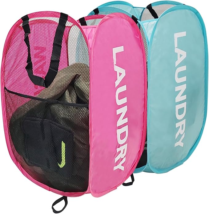Collapsible Laundry Hamper 2 pack Mesh Pop Up Laundry Hamper with Handles, Foldable Laundry Basket for Bedroom, College Dorm, RV, Travel (Pink + Sky Blue)
