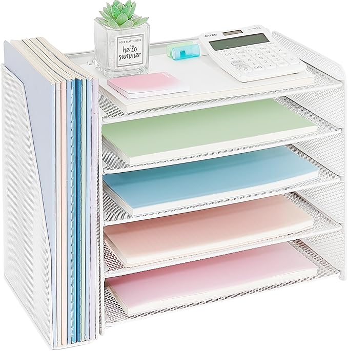 OPNICE 5-Tier Paper Organizer with Magazine Holder, Desk Organizers and Accessories, Office Desk Accessories & Workspace Organizers, Desktop File Organizer for Office Supplies Storage, White