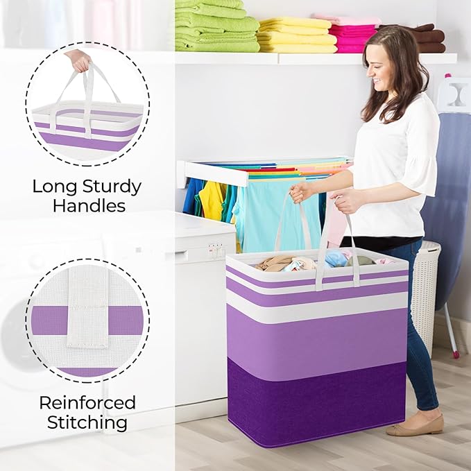 StorageRight Large Collapsible Laundry Basket Hamper with Easy Carry Handles，Freestanding Clothes Hampers for Laundry, Bedroom, Dorm, Towels, Toys, 100L, Purple
