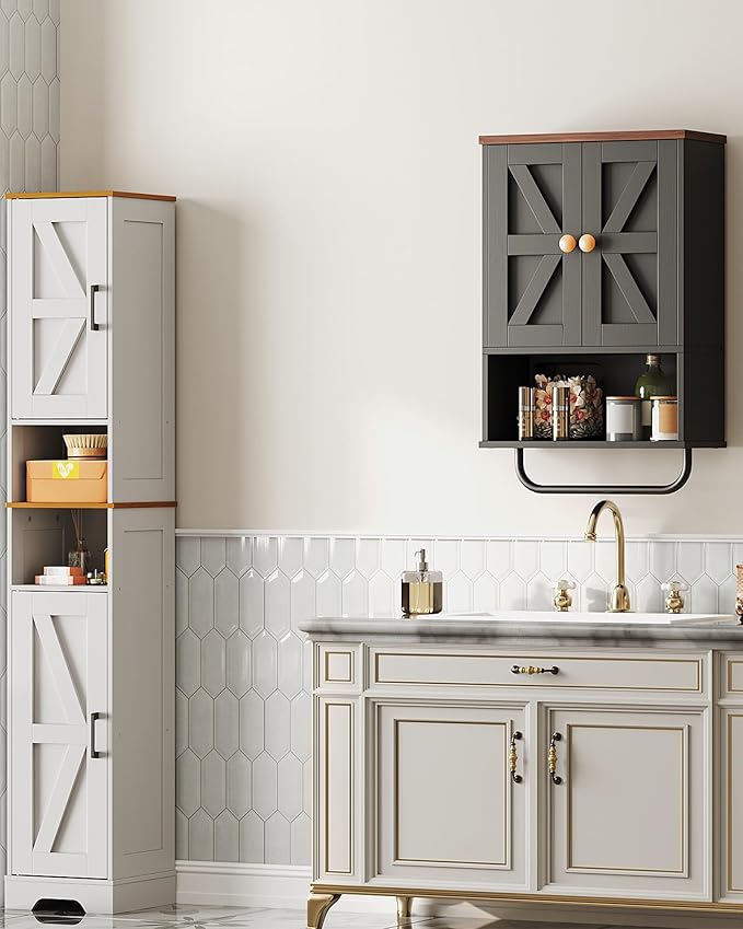 Bathroom Wall Cabinet, Medicine Cabinet with Open Partition and Towel Bar, Rustic Storage Cabinet with Open and Hidden Storage Space, for Bathroom, Living Room, Kitchen, Black and Walnut