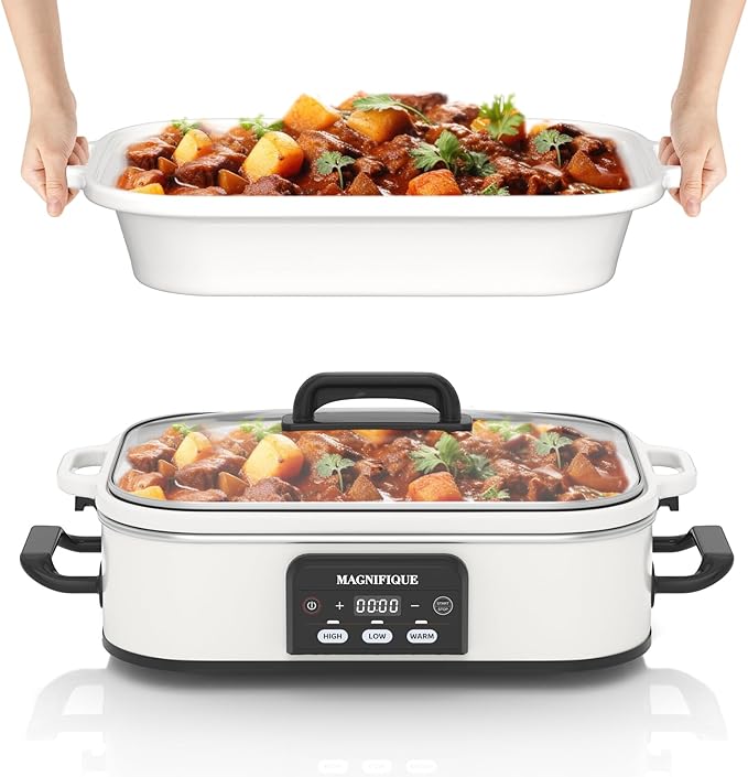4 Quart Casserole Programmable Slow Cooker with Ceramic Baking Dish - Perfect Kitchen Small Appliance for Family Dinners, Oven Safe and Durable Bakeware for Lasagna, Roasts, Red