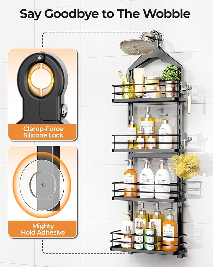 ODesign 4 Tier Height-Adjustable Shower Caddy Hanging Anti-Swing-Over The Shower Head Caddy-Sho wer Storage Organizer Bathroom Shelves Basket Caddies-Black