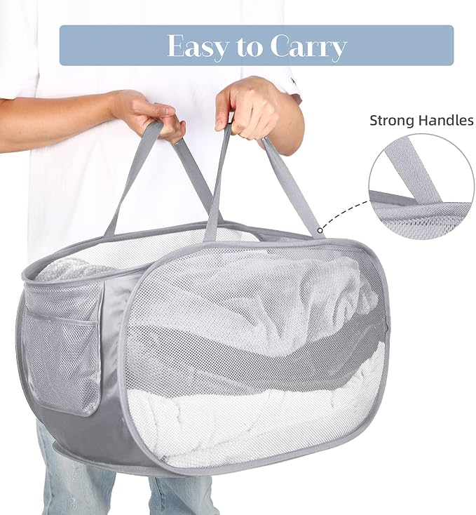 3 Pack Collapsible Laundry Baskets, Foldable Laundry Basket with Pocket, Mesh Pop Up Hampers, Reinforced Handles Dirty Clothes Hamper for Laundry, Bedroom, Bathroom, Dorm, Travel or Camping Grey
