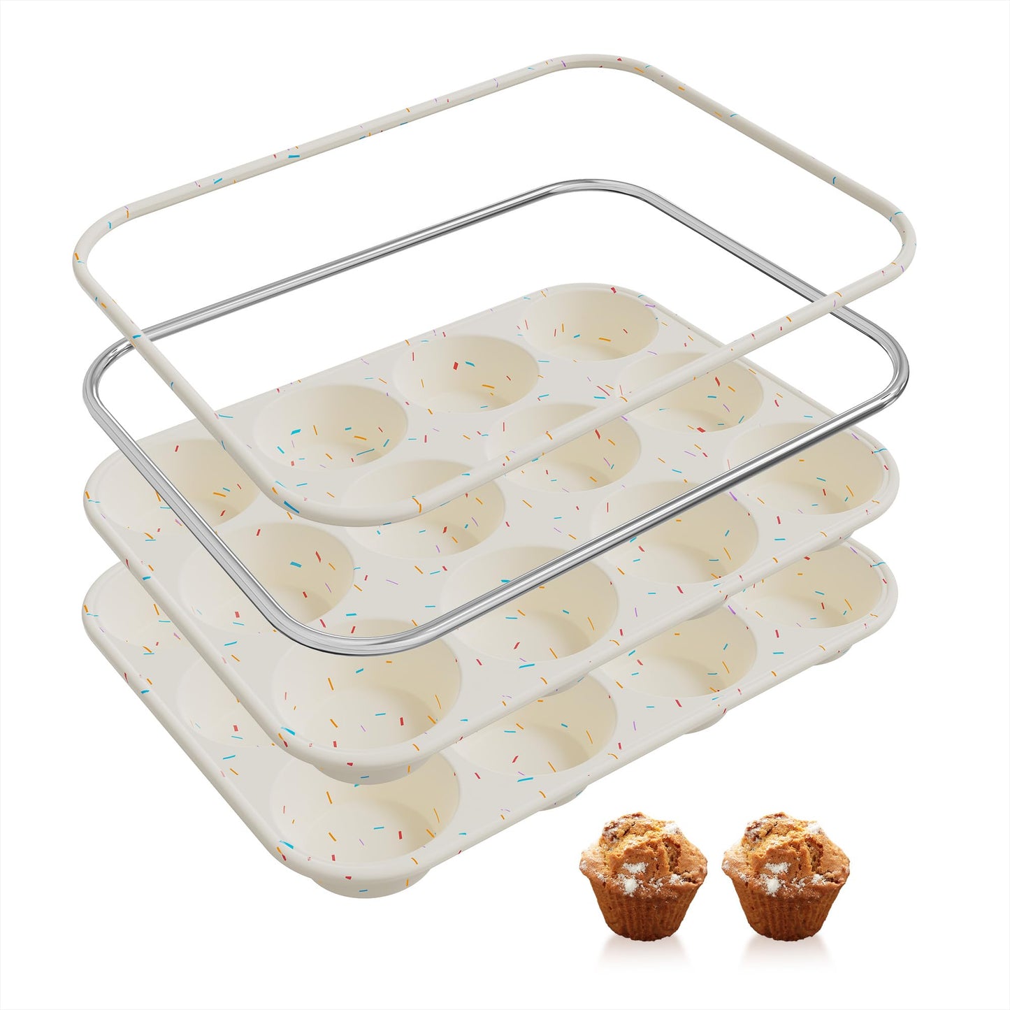 2 Pack 12 Cups Silicone Muffin Pan with Metal Reinforced Frame Regular Size Silicone Molds Cupcake Cake Baking Pans Cookie Baking Chocoflan Cupcake Mold Kitchen Baking Mold Tools for Cooking