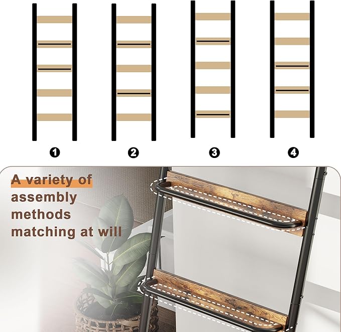 Blanket Ladder, 5-Tier Towel Holder with 2 U-shaped storage rack, Farmhouse Wall Leaning Decorative Rack Shelf, Towel Display Rack, Removable Hooks, Quilt Ladder for Living Room, Bedroom, Rustic Brown