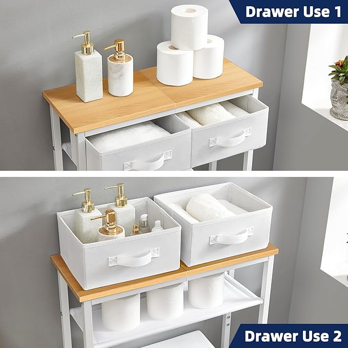 MOHOPE 2-Tier Over The Toilet Storage with 2 Fabric Drawers, Freestanding Above The Toilet Storage Cabinet, Space Saver Metal Over Toilet Bathroom Organizer Shelf for Small Space, Natural and White