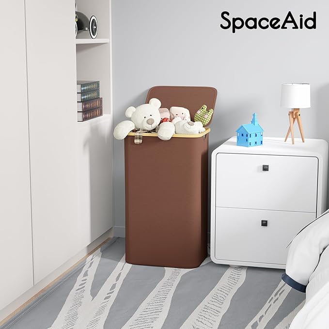 SpaceAid Laundry Hamper with Lid, 110L Large Tall Clothes Basket Bin with Bamboo Handles, Collapsible Laundry Hamper for Bedroom, Bathroom, Dorm, Laundry Room - Brown