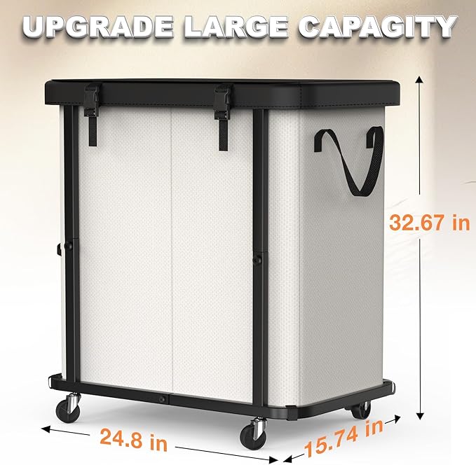 190L (50 Gal) Large Fashion Laundry Basket with Wheels, Leather Patchwork Rolling Hamper Carts, Sturdy Metal Frame, Removable Washable Bag, Tall Clothes Sorter for Bedroom, Laundry Room - Beige