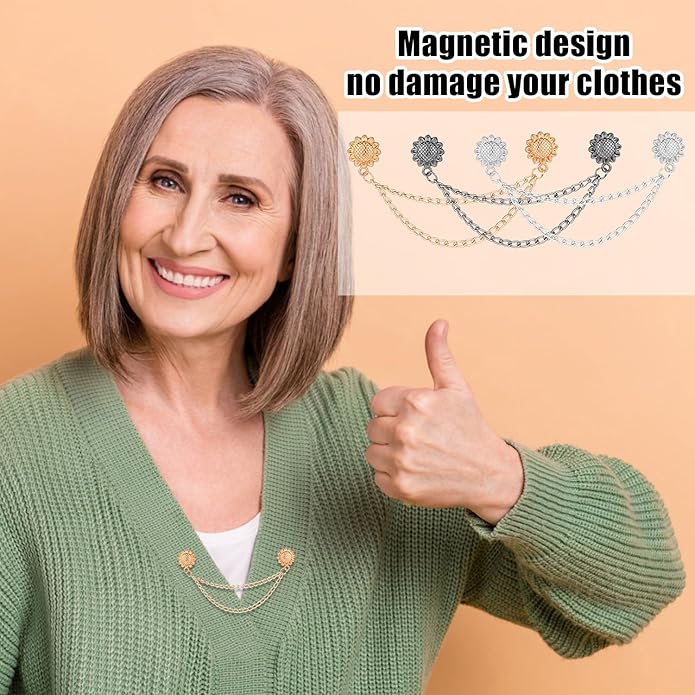6pcs Magnetic Clothing Clips with Chain, Multi-Function Magnet Button Pins Hijab Cuff Clips for Fixing Hem of Clothes Long Pants Legs Sleeves of Shirts