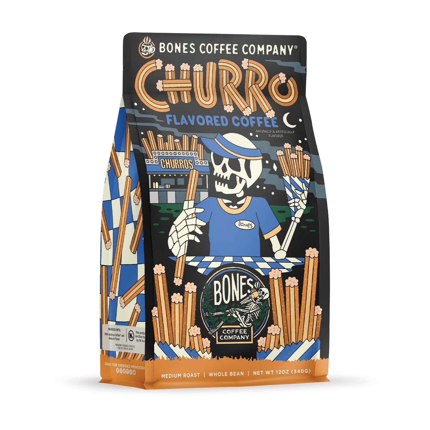Bones Coffee Company Highland Grog, Butterscotch Caramel Flavored Coffee, Medium Roast Low Acid Arabica Beans Compatible with Auto drip and French Press Coffee Maker, 12 Oz Whole Bean