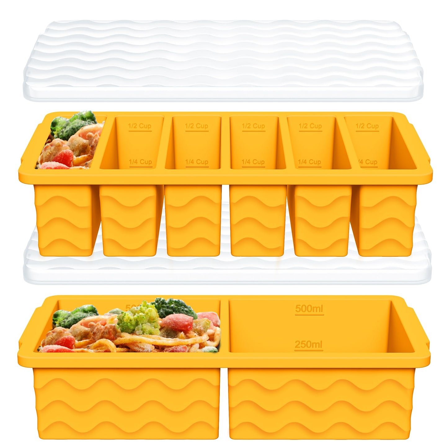 2-Pack Silicone Freezer Trays with Lid, 2 Large 2-Cup(500ml) & 6 Small 1/2-Cup(125ml) Soup Freezer Container Molds, Ice Cube Tray For Meal Prep & Freezing Soup, Stews, Sauces, Oven & Dishwasher-Safe
