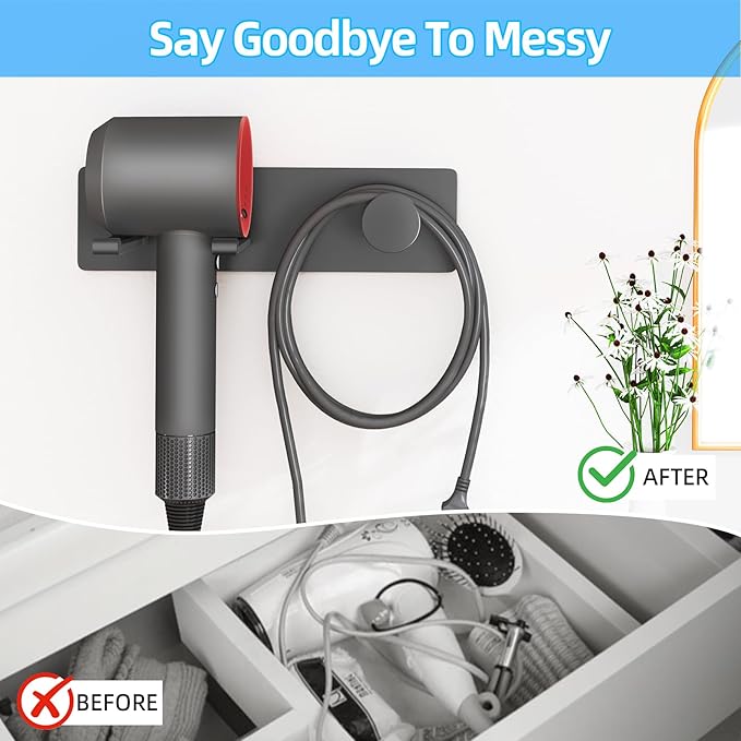 Self Adhesive Hair Dryer Holder Wall Mounted-Bathroom Hair Blow Dryer Rack Organizer Compatible with Supersonic Hair Dryers, Matte Black