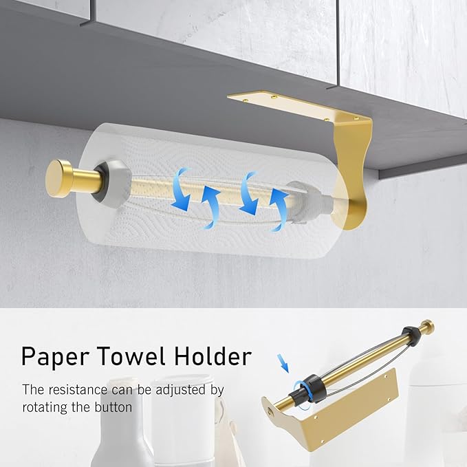 SetSail Paper Towel Holder, Single Hand Operable Paper Towel Holder Under Cabinet with Adjustable Damper Easy Tear Wall Mount Self-Adhesive or Drilled for Kitchen Bathroom, Gold