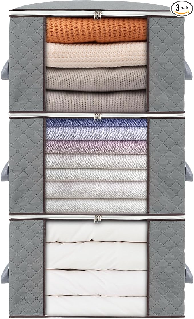combocube 3 Pack Closet Organizers and Storage Containers, Clothes Storage Bins, Storage Bags with Large Clear Window & Handles for King Comforter, Pillow, Quilt, Bedding, Clothes