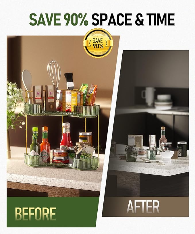 2-Tier Corner Bathroom Counter Organizer Makeup Cosmetic Storage, Tool-Free Installation Acrylic Vanity Shelf, Skin Care Organizer Perfume Tray for Countertop Bathroom, Dresser, Kitchen (Green)