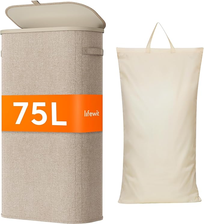 Lifewit 75L Slim Laundry Basket with Lid, Laundry Hamper with Plastic Handles and Removable Bag, Foldable Tall Dirty Clothes Hampers for Laundry for Laundry Room, Bedroom, Bathroom, Dorm, Beige