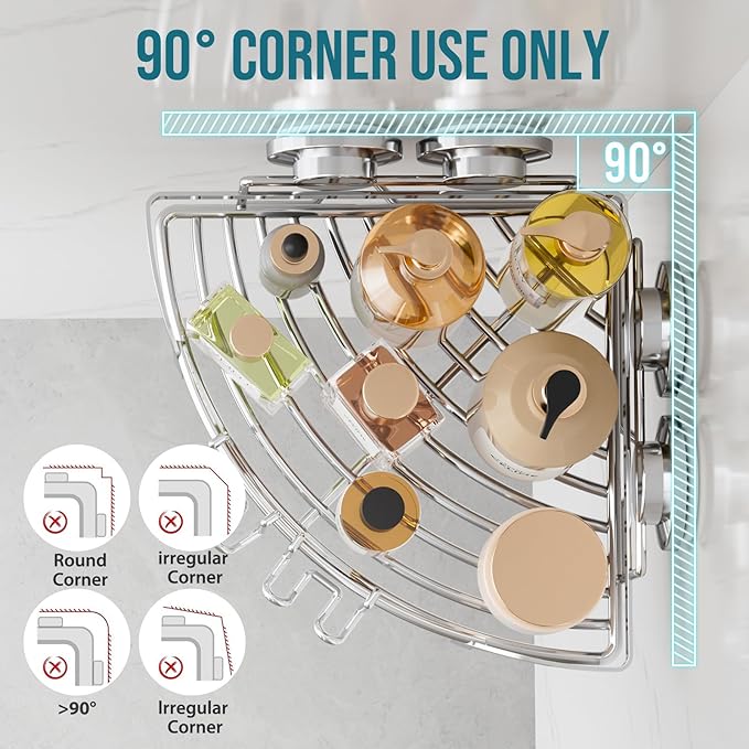 TAILI 2 Pack Powerful Suction Cup Corner Shower Caddy, Stainless Steel Rustproof Shower Shelf with Hook, Drill-Free Wall Mounted Basket, Large Capacity Removable Suction Cup Bathroom Organizer, Silver