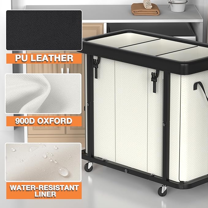 230L (60 Gal) Large Fashion Laundry Basket with Wheels, Leather Patchwork Laundry Sorter 3 Section, Sturdy Metal Frame, Removable Washable Bag, Tall Clothes Sorter for Bedroom - Beige