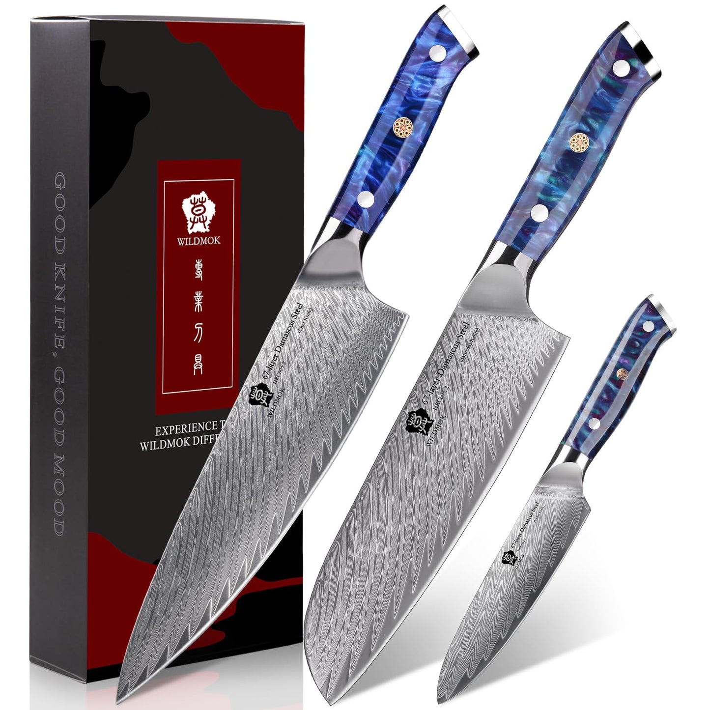 WILDMOK Damascus Kitchen Knife Set, Chef Knife Set, Sharp Damascus Steel Forged Blade Kitchen Knives Set with Ergonomic Resin Handle
