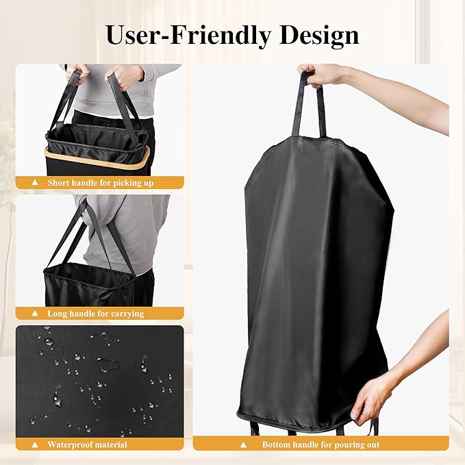 Slim Laundry Hamper, 60L Waterproof Narrow Laundry Basket with Lid and Removable Bag, Collapsible Tall Clothes Hamper with Bamboo Handles for Clothes Toys in Dorm Bedroom Bathroom, Black