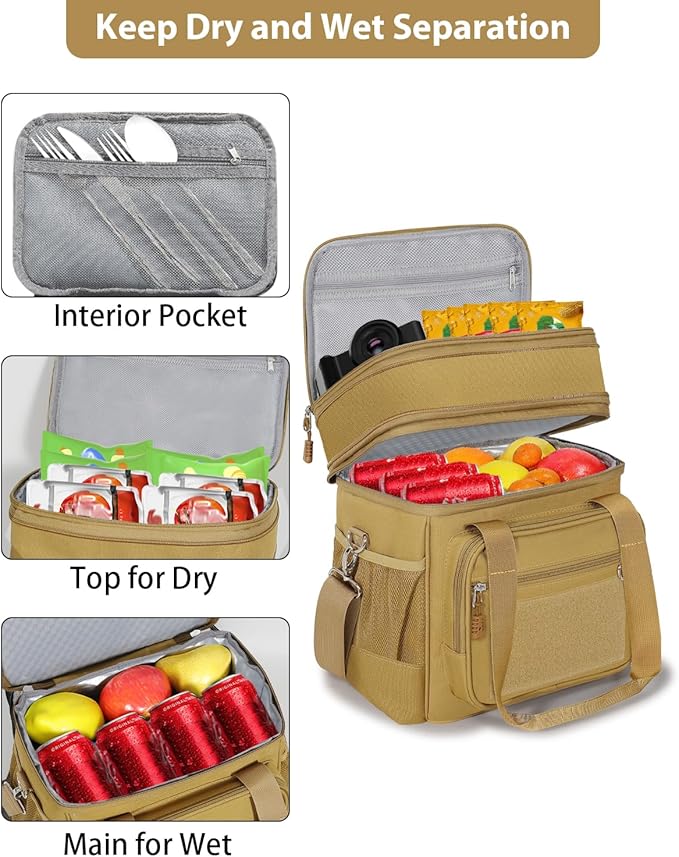 GLENKEY Double Deck Insulated Lunch Box, Expandable Large Lunch Bag Leakproof Cooler Bag Lunch Pail for Men Women Adults Work Shifts Travel Daytrip, Brown