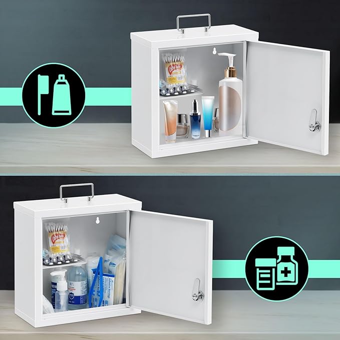 KYODOLED Locking Medicine Cabinet, Medication Lock Box with Key, Wall Mount Medical Cabinet for Safe Medication Storage, 10 * 4.7 * 10 Inch, White