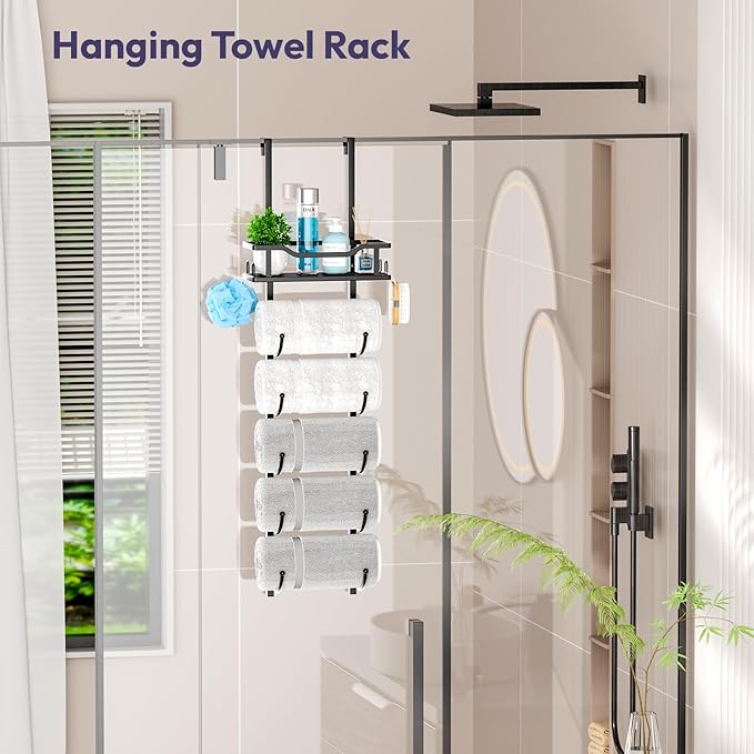 SWTYMIKI Over The Door Towel Rack - 6 Tier Towel Racks for Bathroom Wall Mounted, Towel Holder with Shelf, Hanging Rolled Towel Storage Organizer for Small Bathroom, Camper, RV, Black