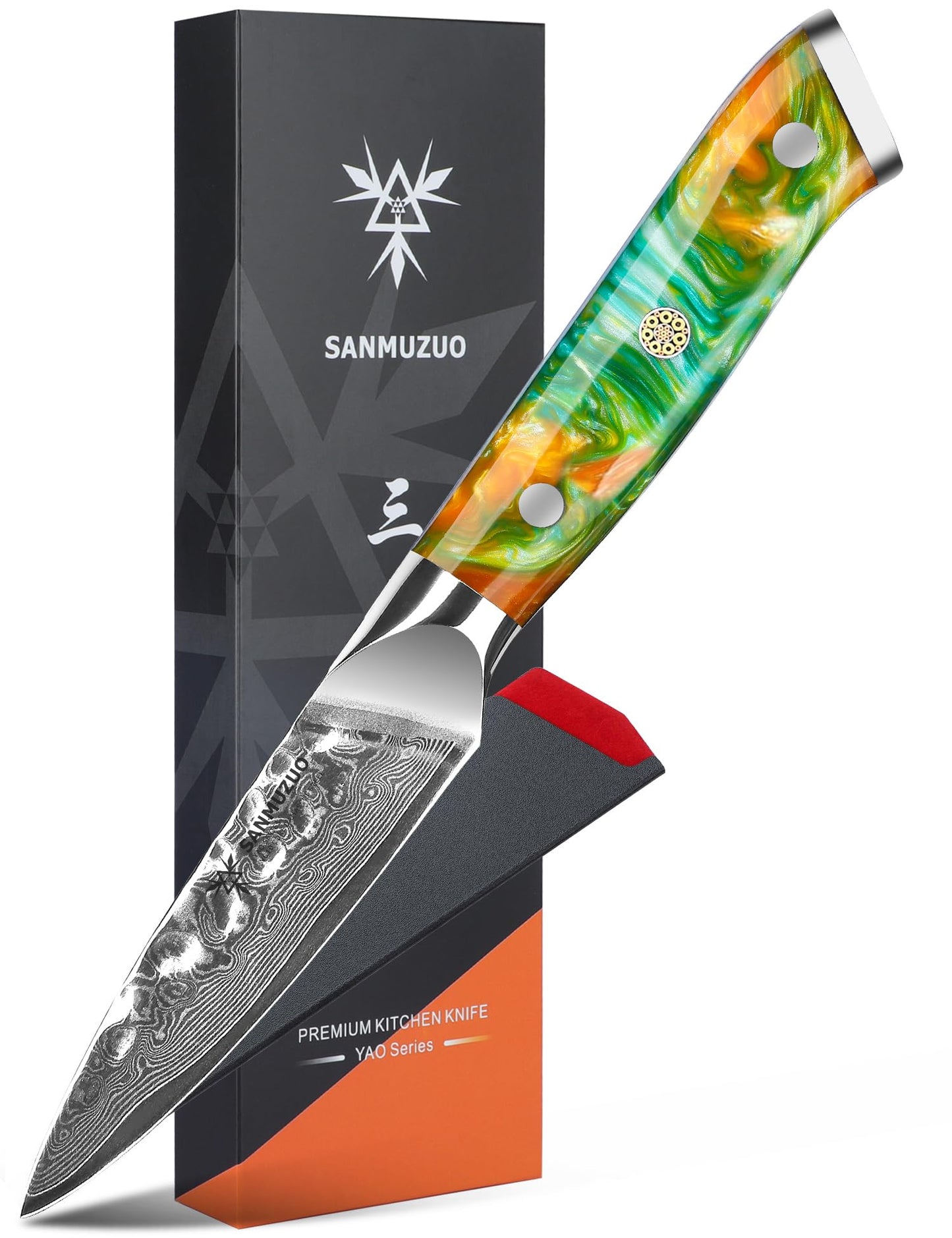 SANMUZUO Steak Knives Set of 4, Ultra Sharp Kitchen Steak Knife 5 Inch - Forged Damascus Steel & Resin Handle - Yao Series