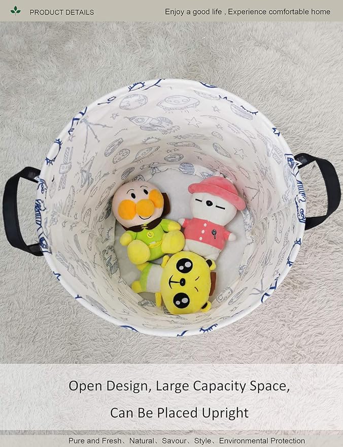 Round waterproof laundry basket、foldable storage basket、laundry Hampers with handle、gift basket,suitable for children's room and toy storage (Blue Planet)