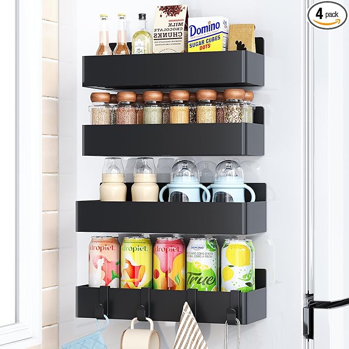 Magnetic Spice Rack for Refrigerator, Kitchen Organizer and Storage Shelf, Black (4 Pack)…