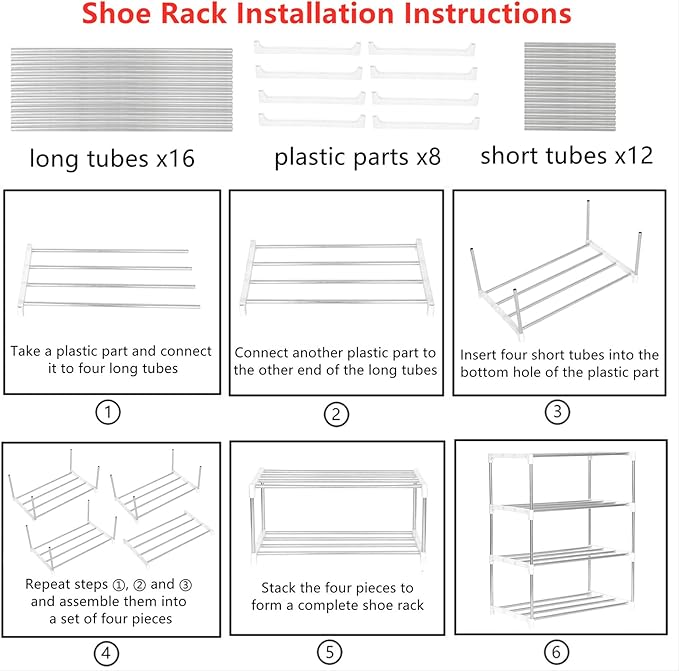 Stackable Small Shoe Rack, Entryway, Hallway and Closet Space Saving Storage and Organization (4-Tier, White)