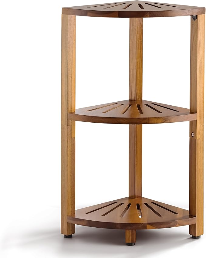 BLUEWEST 3-Tier Corner Shower Caddy Stand, Wood Shower Organizer Standing with Anti-Slip Feet, Waterproof & Durable Bathroom Corner Shelf, Space-Saving Design Storage for Kitchen or Living Room